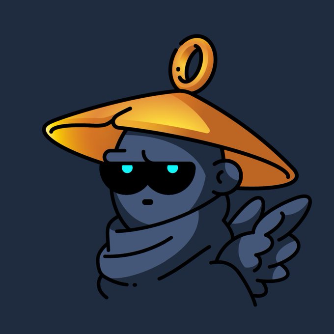 A digital illustration shows a blue character wearing sunglasses and a large, golden, UFO-like hat with a ring on top, set against a dark blue background.
