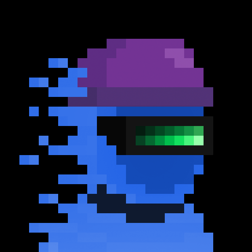 A pixel art character with a purple cap and blue body displays a green energy bar across its eyes.