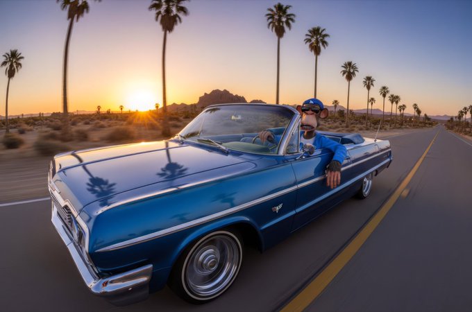 A cartoon ape wearing sunglasses and a blue shirt drives a classic blue convertible down a desert highway lined with palm trees at sunset, visually representing the "$APE" cryptocurrency token through the prominent ape character behind the wheel.