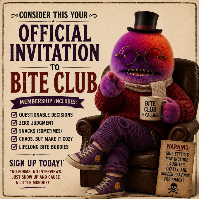 A humorous poster titled 'CONSIDER THIS YOUR OFFICIAL INVITATION TO BITE CLUB' featuring a fuzzy purple monster in a top hat and sweater holding a coffee mug that reads 'BITE CLUB IS CALLING.', with a list of 'membership' perks like 'questionable decisions' and 'zero judgment.'