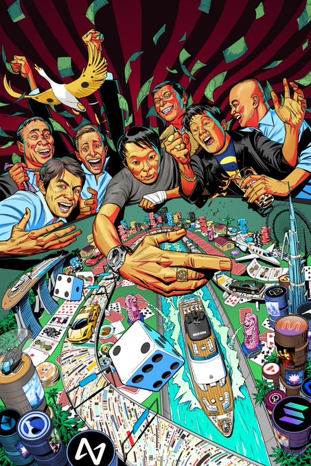 A vibrant illustration depicts a group of ecstatic men cheering around a poker table, with one central figure's oversized hand reaching toward a yacht, dice, casino chips, luxury cars, and a champagne bottle labeled "ICONS." The image evokes the high-stakes excitement and wealth aspirations of the "ICONS" drop and "Liquid Aura" experiment mentioned in the accompanying post, which promises an exclusive, thrilling experience for participants just hours away.