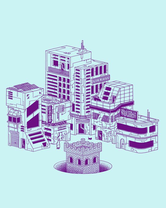 A purple line-art illustration of a stylized cyberpunk city with various shops, signs in Japanese, and a small castle in the foreground.