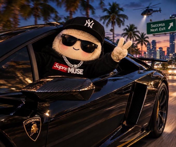 A stylized image of a plush toy character wearing a New York Yankees cap, sunglasses, gold chains, and a 'Supreme MUSE' shirt, giving a peace sign while leaning out of a black Lamborghini with palm trees and a 'Success Next Exit' highway sign in the background.