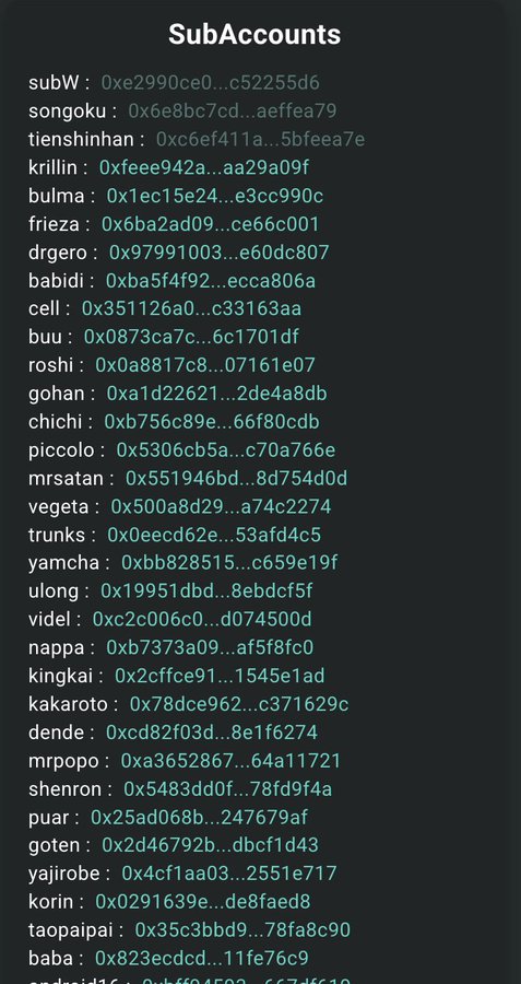 A list titled "SubAccounts" displaying 36 labeled blockchain addresses (e.g., 0xe2990ce0...c52255d6, 0x6e8bc7cd...aeffea79) with character-themed names such as goku, gohan, frieza, krillin, bulma, vegeta, and cell, appearing to represent the sub-wallets tied to the high-performing trader highlighted in the post.