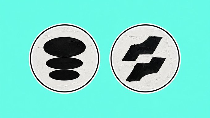 Two circular tokens displayed on a turquoise surface, one featuring the Solana logo (three horizontal ovals) and the other showing a stylized "F" logo.