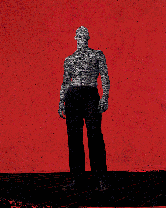 A retro-style, grainy illustration of a shirtless figure with a textured torso wearing black pants, standing against a solid red background.