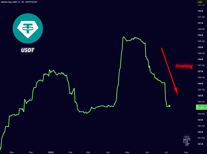 A TradingView chart of USDT market cap (CRYPTOCAP) shows a sharp decline from its May 2026 peak of ~$190B down to $184.91B, with a red "Crashing" annotation highlighting the steep drop-off in late July, visually reinforcing the post's warning that USDT liquidity is draining from the crypto market before prices have fully caught up.