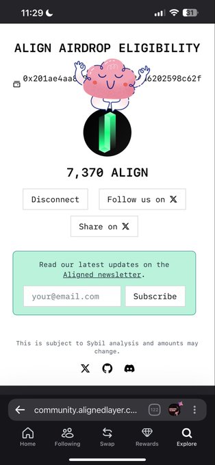 A mobile screenshot of 'Align Airdrop Eligibility' page showing 7,370 ALIGN tokens with options to Disconnect, Follow on X, Share on X, and subscribe to the Aligned newsletter, accessed via community.alignedlayer.c...