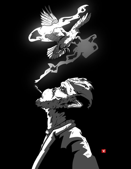 A black and white comic-style illustration of a bearded man exhaling a smoke cloud that forms the shape of a flying eagle, with a small red logo in the bottom right corner.