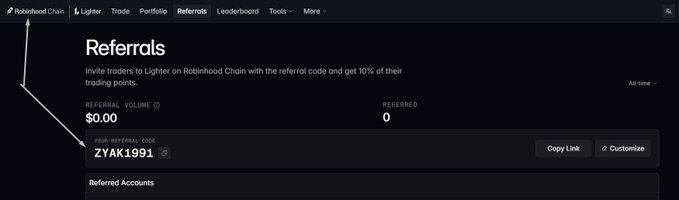A Robinhood Chain Lighter Referrals page showing a referral code 'ZYAK1991' and referral volume of $0.00 with 0 referred users.
