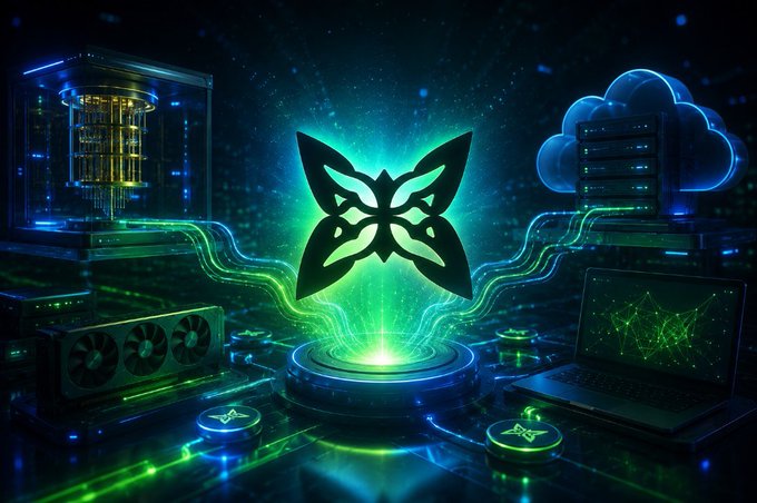 A futuristic digital artwork featuring a glowing butterfly emblem at the center, surrounded by a quantum computer, cloud server, GPU, and laptop with green neon accents.