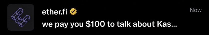A Discord notification from ether.fi (verified account) offering $100 to talk about "Kas..." (Kast), which visually supports the accompanying claim that ether.fi is paying people to discuss the Kast project—implying critics are being compensated to spread FUD.
