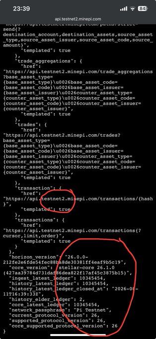 A screenshot from api.testnet2.minepi.com displaying JSON data with red circles highlighting the 'transactions' endpoint and version information showing 'horizon_version: 26.0.0' and 'core_version: 26.1.0'.