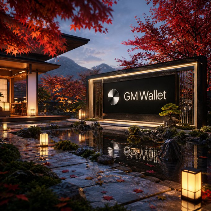 A Japanese-style garden scene at dusk with red maple leaves and lanterns, featuring a glowing 'GM Wallet' logo billboard.