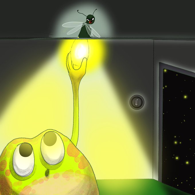 A cartoon-style illustration showing a green character holding up a glowing light toward a fly, with a starry night sky visible through an open doorway on the right.