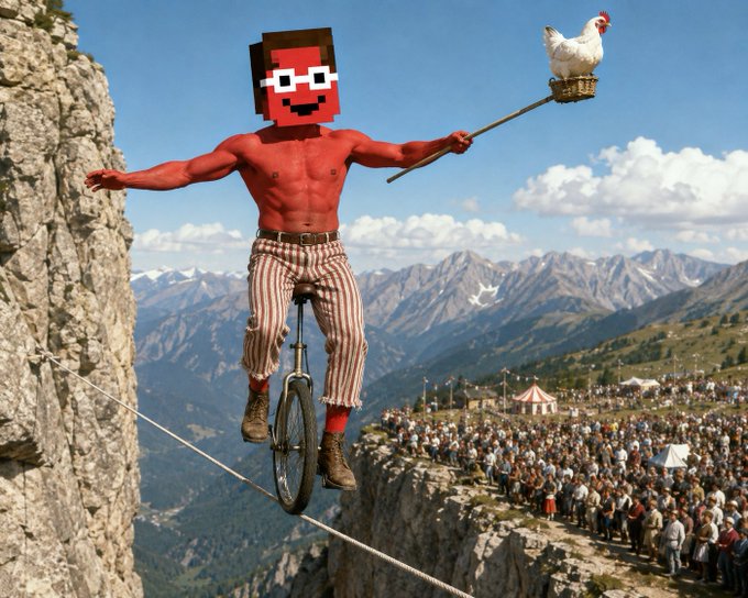 A surreal image of a red-skinned muscular figure wearing striped pants riding a unicycle on a tightrope over a mountainous landscape, with a Minecraft-style blocky head and holding a staff topped with a white chicken.