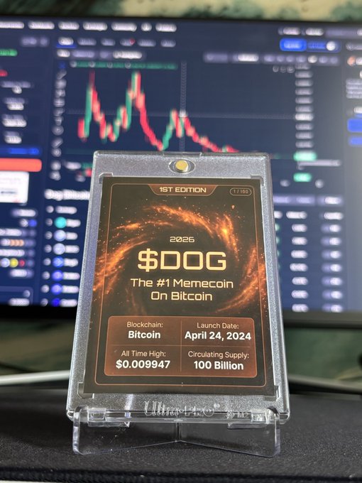 A promotional display card for '$DOG The #1 Memecoin On Bitcoin' (2026, 1st Edition) with a launch date of April 24, 2024, all-time high of $0.009947, and 100 Billion circulating supply, set against a background of cryptocurrency trading charts.