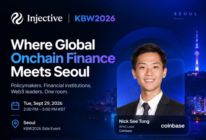 A promotional slide for an Injective KBW2026 side event titled 'Where Global Onchain Finance Meets Seoul,' featuring Coinbase APAC Lead Nick See Tong, scheduled for Tue, Sept 29, 2026, in Seoul.