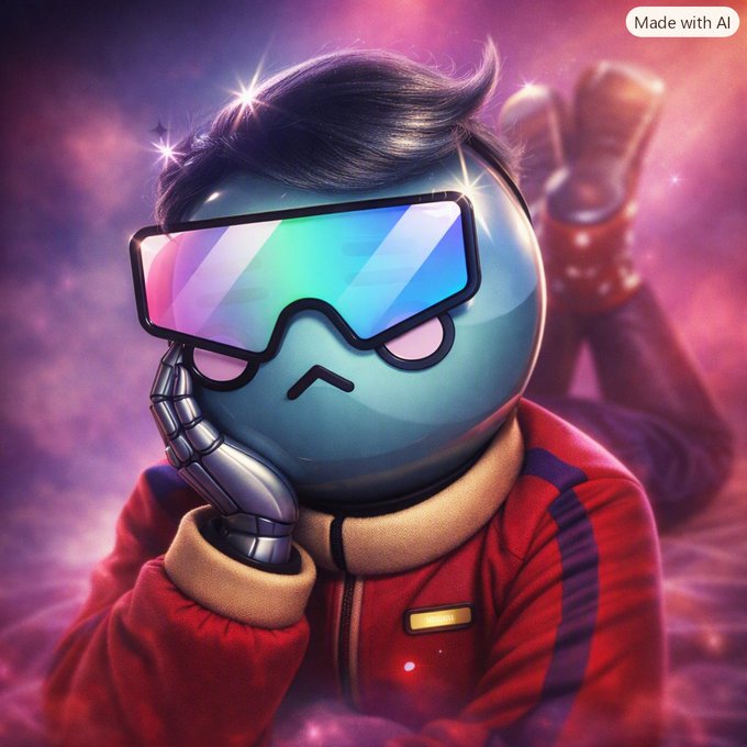 An AI-generated illustration shows a character with a blue round face wearing rainbow-tinted sunglasses and a red jacket, with text 'Made with AI' in the corner.