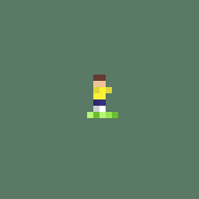 A small pixel-art character with brown hair, yellow shirt, and blue shorts stands on a green platform against a solid dark green background.