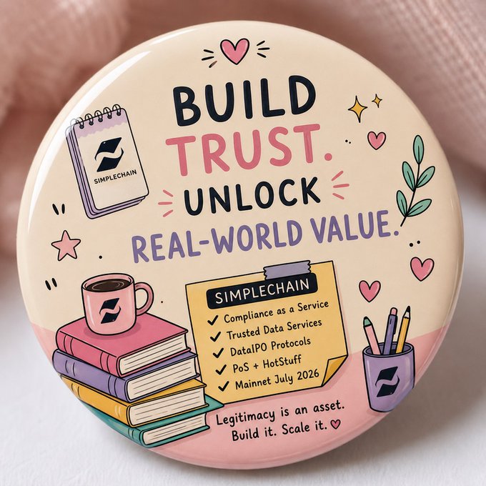 A decorative pin or badge featuring the tagline 'BUILD TRUST. UNLOCK REAL-WORLD VALUE.' alongside Simplechain branding, listing services including Compliance as a Service, Trusted Data Services, DataIPO Protocols, and PoS + HotStuff, with the message 'Legitimacy is an asset. Build it. Scale it.'