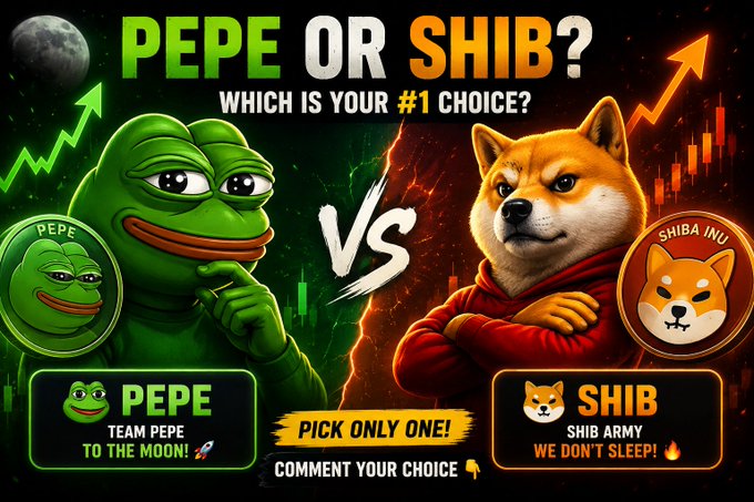 A meme-style graphic asks 'PEPE OR SHIB? WHICH IS YOUR #1 CHOICE?' featuring Pepe the Frog and a Shiba Inu dog facing off with the text 'PICK ONLY ONE! COMMENT YOUR CHOICE'.