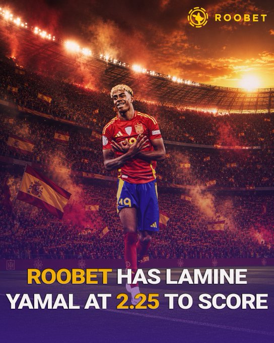 A promotional betting ad from Roobet features soccer player Lamine Yamal in a Spain kit running on a stadium field with fans holding Spanish flags and red smoke flares in the background, alongside the text "ROOBET HAS LAMINE YAMAL AT 2.25 TO SCORE." The image relates to the "Semi finals next" post by capitalizing on Yamal's prominence as a rising star for the Spanish national team in upcoming tournament knockout stages.