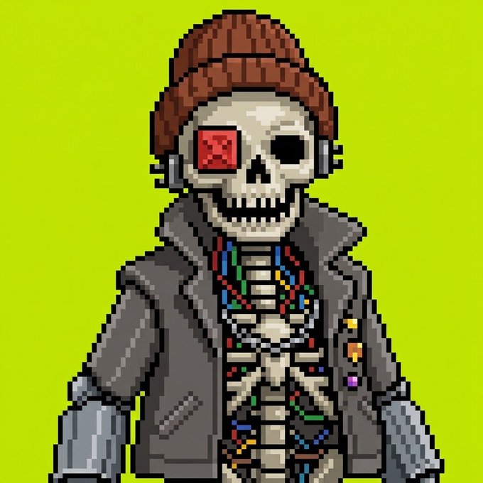 A pixelated skeleton wearing a brown beanie, red visor, and a dark coat draped over a colorful pixel-art ribcage, set against a lime-green background—fitting the post's theme of pixelated NFTs with a cyberpunk twist.