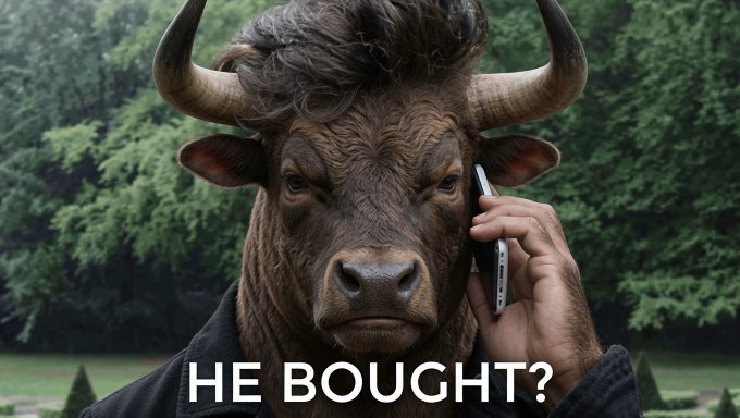 The image features a bull with horns standing next to a person holding a cell phone, which has the words "he bought?" written above it. This suggests that the bull might be involved in some sort of transaction or deal related to the cell phone being held by the person.