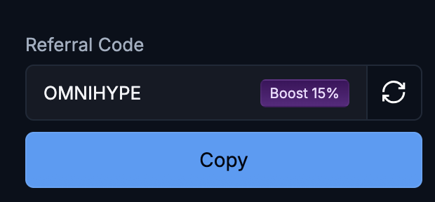 A referral code "OMNIHYPE" displayed with a Boost 15% badge and a Copy button.