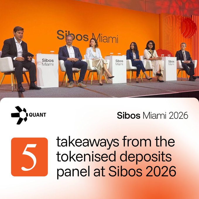 A panel discussion at Sibos Miami with six speakers seated on stage, accompanied by a graphic for Quant titled 'Sibos Miami 2026: 5 takeaways from the tokenised deposits panel at Sibos 2026.'