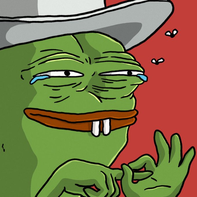 A cartoon illustration of a green Pepe the Frog character wearing a white hat, crying with visible tears and holding up a hand in an OK gesture against a red background.