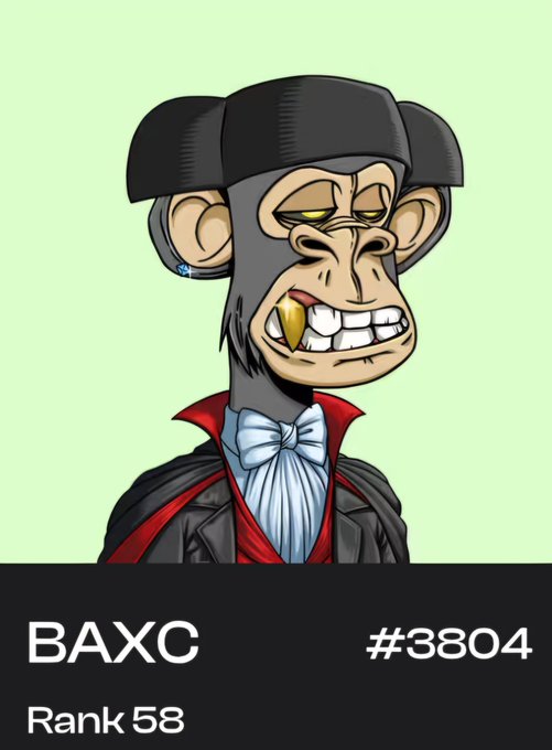 A cartoon NFT character labeled 'BAXC #3804, Rank 58' depicted as a vampire-like monkey wearing a black hat, white bow tie, and red cape, with a gold tooth.