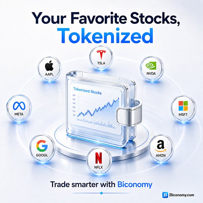 A promotional graphic for Biconomy featuring the headline "Your Favorite Stocks, Tokenized" with a central display showing an upward-trending stock chart surrounded by circular icons of major company tickers including AAPL, TSLA, NVDA, MSFT, AMZN, NFLX, GOOGL, and META, with the tagline "Trade smarter with Biconomy" and Biconomy.com branding below.