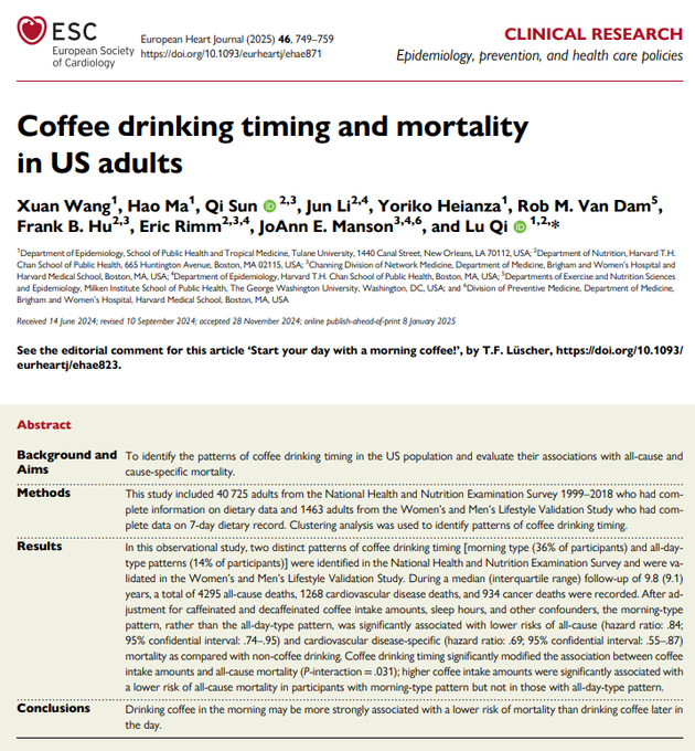 The image shows the title page of a clinical research article from the European Heart Journal titled "Coffee drinking timing and mortality in US adults," authored by Xuan Wang et al. (published January 8, 2025). The study, based on data from 40,725 NHANES participants and 1,463 Women's and Men's Lifestyle Validation Study subjects, found that morning coffee drinkers had significantly lower mortality risk compared to all-day coffee drinkers, with hazard ratios of 0.84 for all-cause and 0.69 for cardiovascular disease-specific mortality. 

The image relates to the caption "I'm going to live to 150 at least" by suggesting that timing your coffee consumption to morning hours—rather than drinking it throughout the day—may be associated with reduced mortality risk, potentially supporting a longer lifespan.