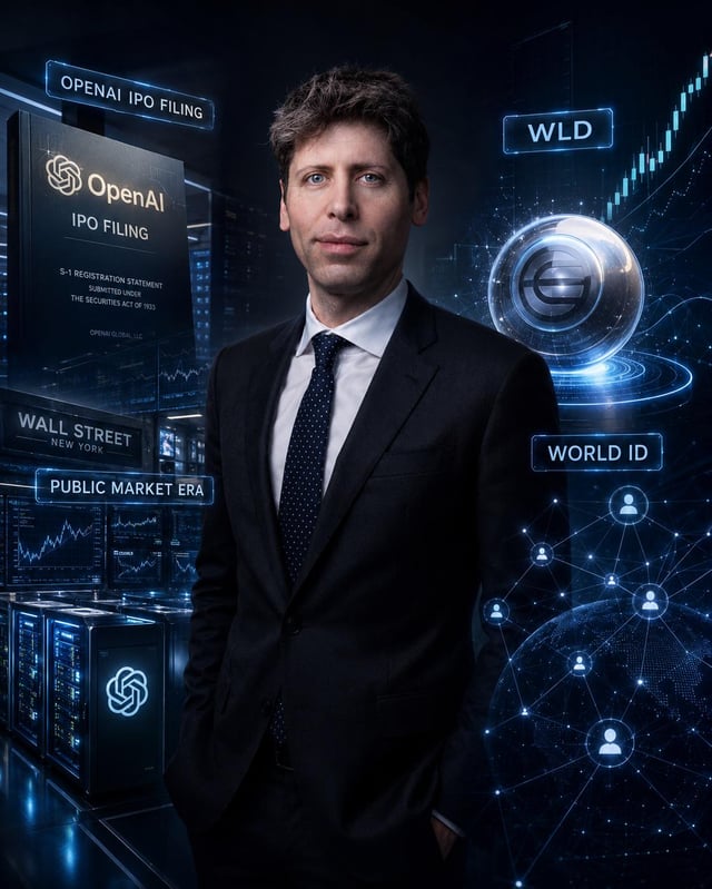 The image features a man dressed in a suit standing against a dark background with various logos and text surrounding him. The most prominent logo is for "WLD", which stands out prominently in the scene. There are also other logos related to OpenAI, an IPO filing, and Wall Street, indicating that this could be part of a promotional campaign or advertisement.