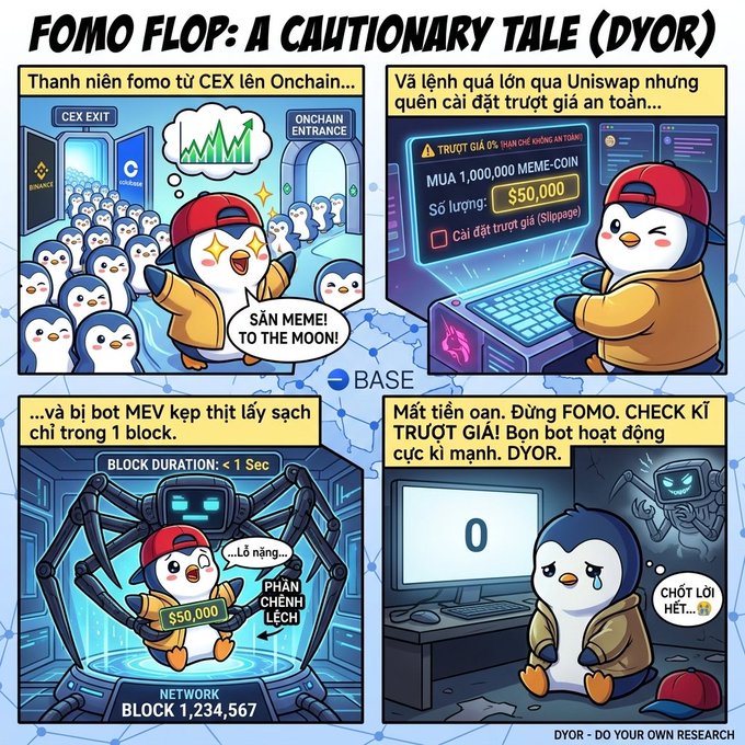 Vietnamese comic strip titled 'FOMO FLOP: A CAUTIONARY TALE (DYOR)' depicting a penguin being exploited by MEV bots after a large Uniswap swap due to forgetting slippage settings.