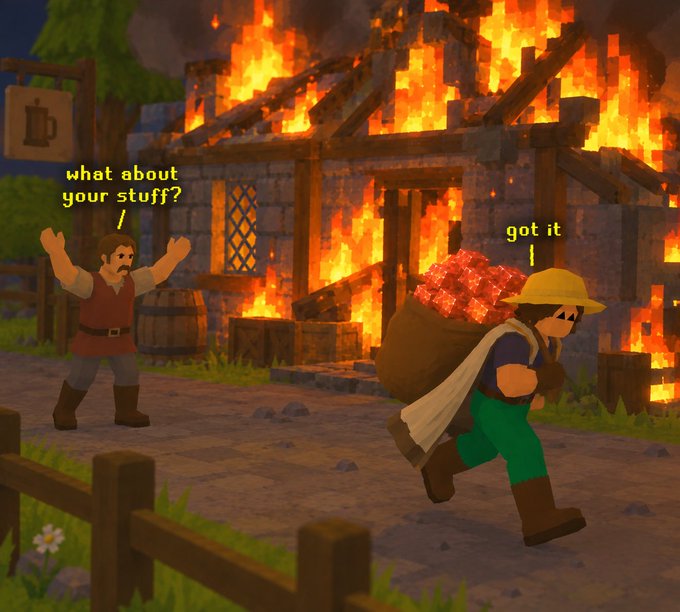 A meme showing two video game characters in front of a burning building, one gesturing and saying 'what about your stuff?' while the other runs off with a bag of loot saying 'got it'.