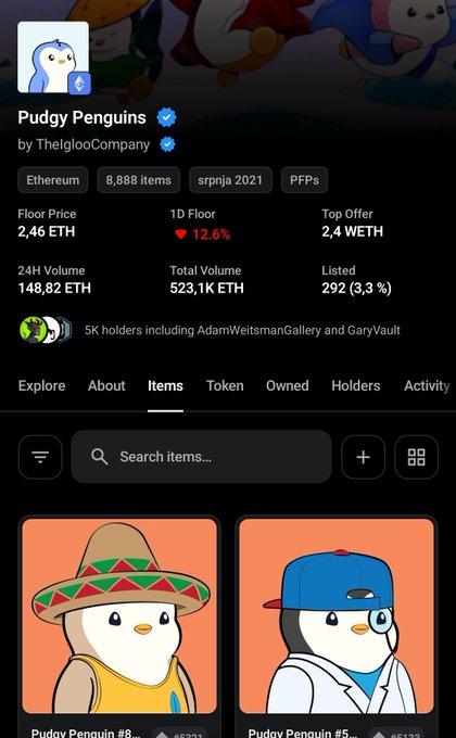 A screenshot of the Pudgy Penguins NFT collection page on OpenSea, displaying 8,888 items with a floor price of 2.46 ETH and showing two penguin character avatars.