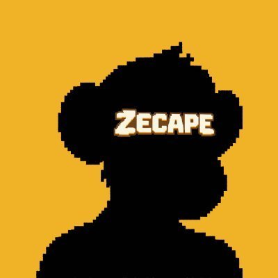 A pixelated silhouette of a monkey-like character with the text 'ZECAPE' in stylized white letters across an orange background.
