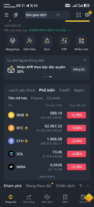Vietnamese-language cryptocurrency trading app (VNPHONE) interface showing a PNL of +0.00072974 USDT (+0.10%) with prices for BNB, BTC, ETH, SOL, and MIRA in red.