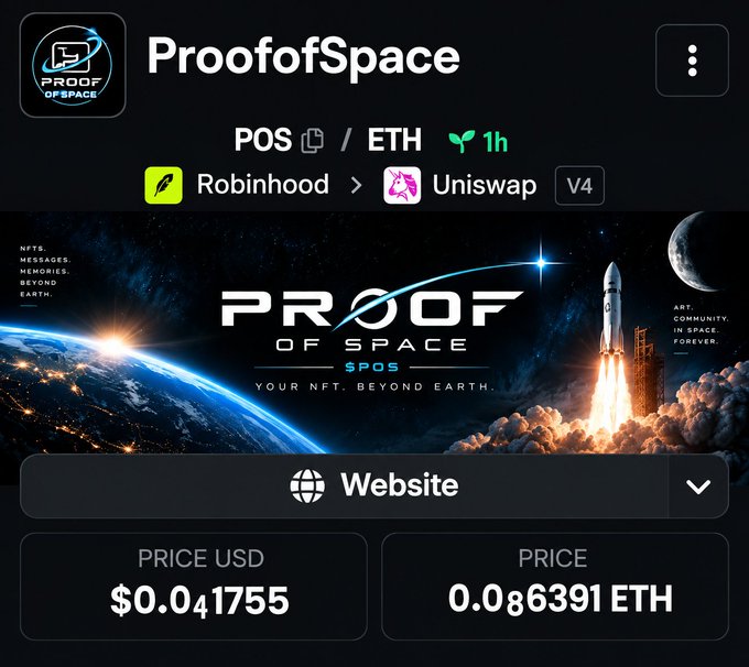 A digital trading card or interface for the NFT project 'ProofofSpace' showing 'PoS' and 'ETH 1h' indicators, a banner reading 'PROOF OF SPACE $POS YOUR NFT BEYOND EARTH', and prices listed as '$0.041755' USD and '0.086391 ETH'.