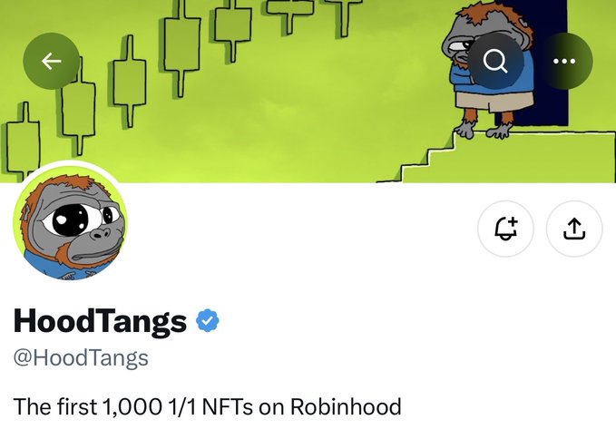 A Twitter/X profile page for "HoodTangs" (@HoodTangs), a verified account featuring a cartoon gorilla avatar, with the bio "The first 1,000 1/1 NFTs on Robinhood" and matching banner artwork of a gorilla in front of stock charts, corresponding to the announcement of an upcoming 1,000-piece 1/1 NFT PFP collection launching on Robinhood.