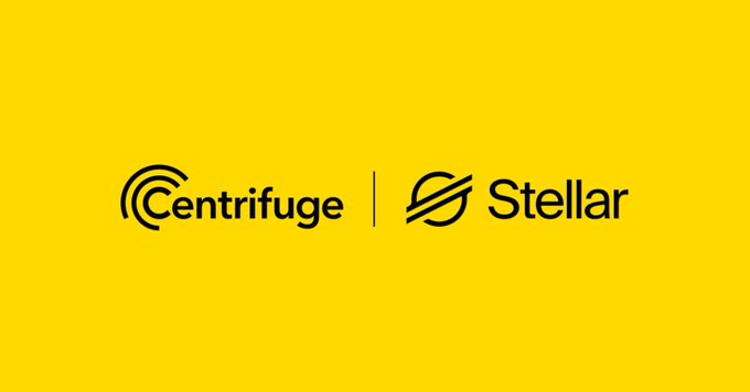 The image features two logos for Centrifuge and Stellar, both set against a yellow background. The Centrifuge logo is black with a white "C" and the word "centrifuge", while the Stellar logo is black with a white "S". Both logos are positioned on the same side of the image, creating a sense of balance between the two companies.
