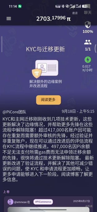 A screenshot of a Pi Network app page titled "KYC与迁移更新" (KYC and Migration Update) showing 27,031.796π Pi cryptocurrency, posted by @xmnneax on 9/18/2025, with an @PiCore团队 announcement from 9月18日 at 5:15 detailing technical updates to resolve KYC edge cases and reduce the 417,000 Pi backlog, allowing 497,000 Pi in the unmoderation queue to begin review—directly addressing the poster's hope that pending KYC users and those with low gas fees can smoothly complete their migration to achieve full status.