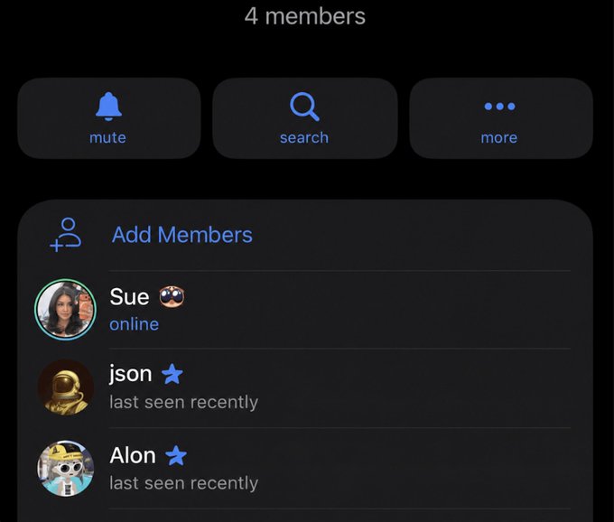 A Telegram group chat screen showing "4 members" with quick action buttons for mute, search, and more, along with an "Add Members" section listing Sue (online), json (last seen recently), and Alon (last seen recently). The image relates to the post as it shows a group with only 3 visible members besides the user, suggesting the poster is considering what to "shill" (promote) to recruit additional members.