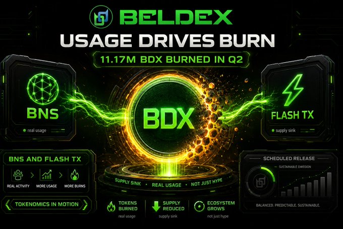 A promotional graphic for 'BELDEX' titled 'USAGE DRIVES BURN' showing '11.17M BDX BURNED IN Q2' with sections for BNS, FLASH TX, and scheduled release.