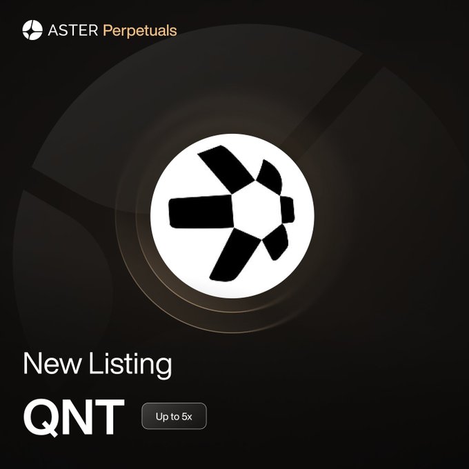 The image is a promotional graphic from Aster Perpetuals announcing a new listing of the QNT token, featuring the Aster logo against a dark background with text stating "New Listing QNT" and "Up to 5x" leverage, directly corresponding to the announcement of $QNT's debut on their perpetual futures platform with up to 5x leverage.