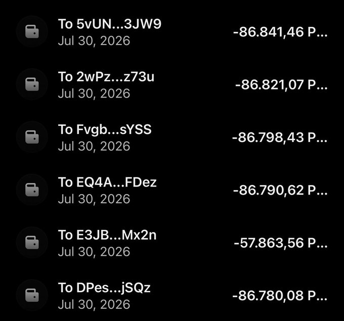 The image shows a list of cryptocurrency transactions dated July 30, 2026, with negative balances ranging from approximately -57,863 to -86,841 (in SOL or similar units) sent to various truncated wallet addresses (e.g., "To 5vUN...3JW9", "To 2wPz...z73u"). This appears to be screenshot evidence purportedly showing large outgoing transfers, likely used to promote or add legitimacy to the "$PNORTH airdrop" scam described in the post, which solicits users to submit their Solana wallet addresses with promises of free tokens—a common phishing tactic that instead drains victims' funds.
