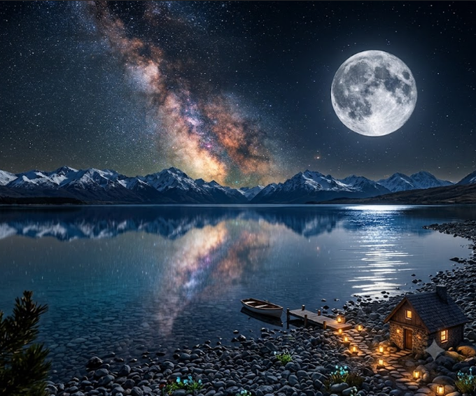 A serene nighttime landscape featuring a large full moon and the Milky Way over snow-capped mountains, reflected in a calm lake, with a small boat docked near a stone shore and a cozy lit cabin.